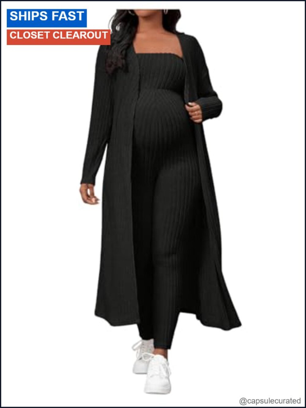 Maternity Ribbed Knit 2 Piece Outfit Strapless Jumpsuit Cardigan Set